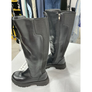 Womans Teaieui Knee Length Combat Boots 8 Black Heel Zip Stretch